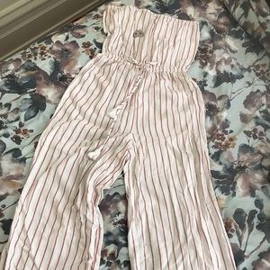 Contemporary red pin stripe jumpsuit